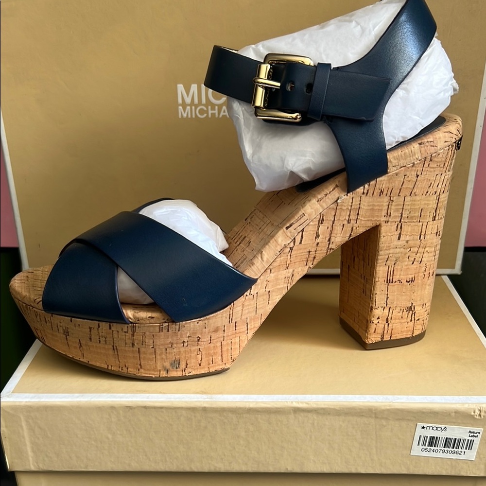 Michael Kors Blue Platform Sandals with Cork Heel
